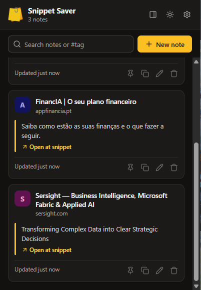 The Snippet Saver popup with saved notes, a search box and a New note button