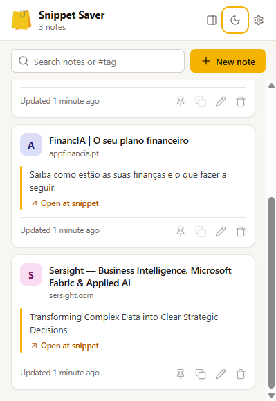 The Snippet Saver popup with saved notes, a search box and a New note button